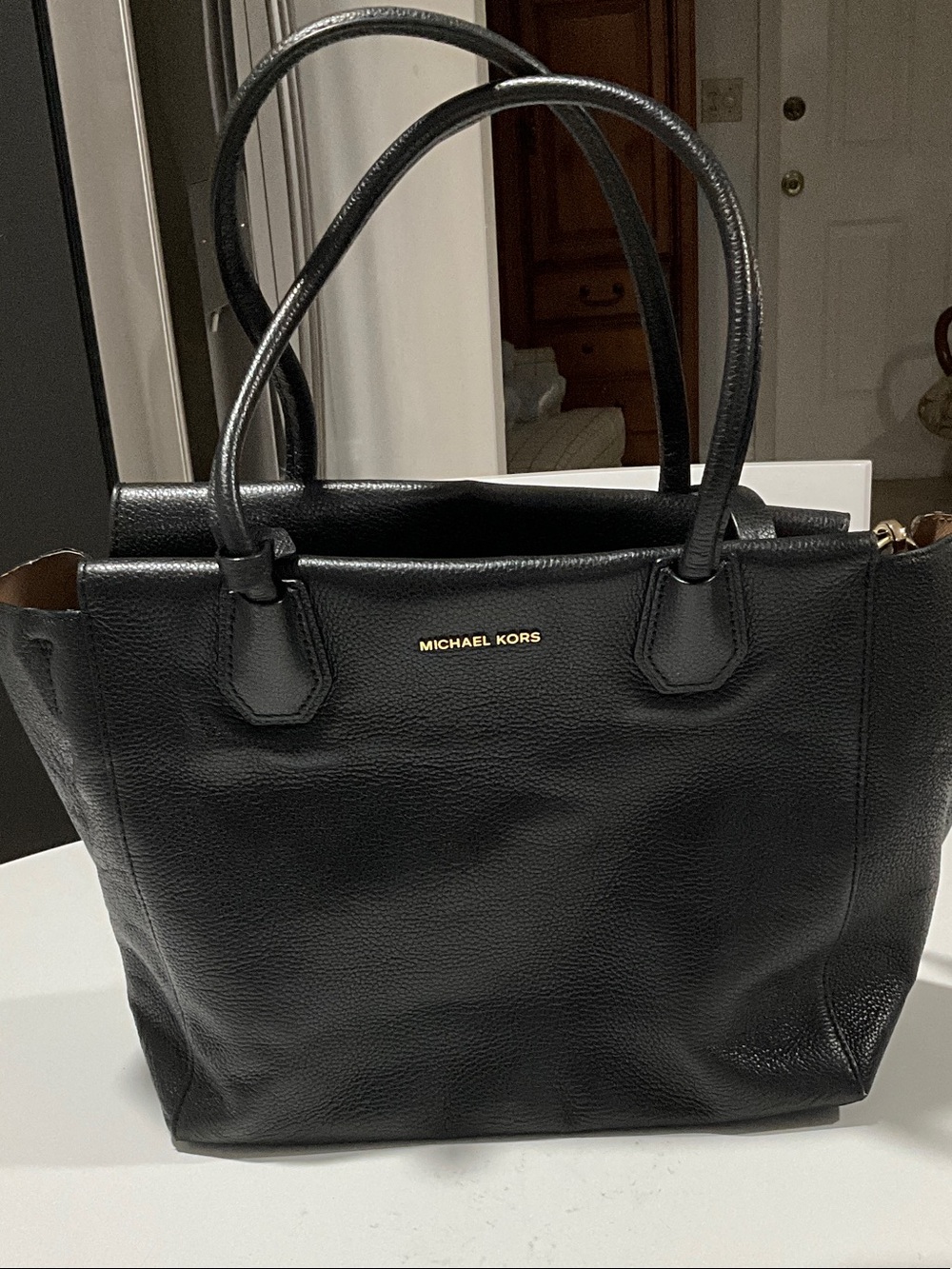 Michael Kors Black Pebbled Leather Tote with Gold Logo